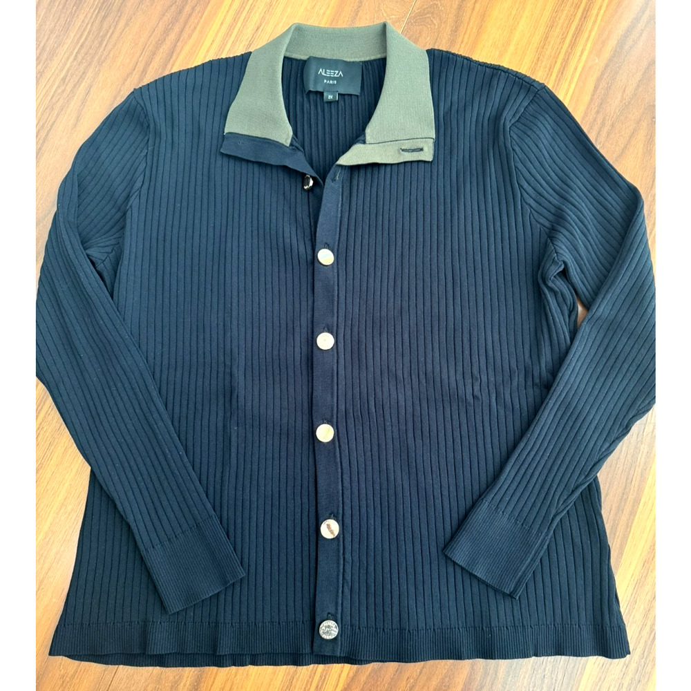 Aleeza Paris Green / Black Long Sleeve Collared Button-Up Ribbed Shirt 2X Women